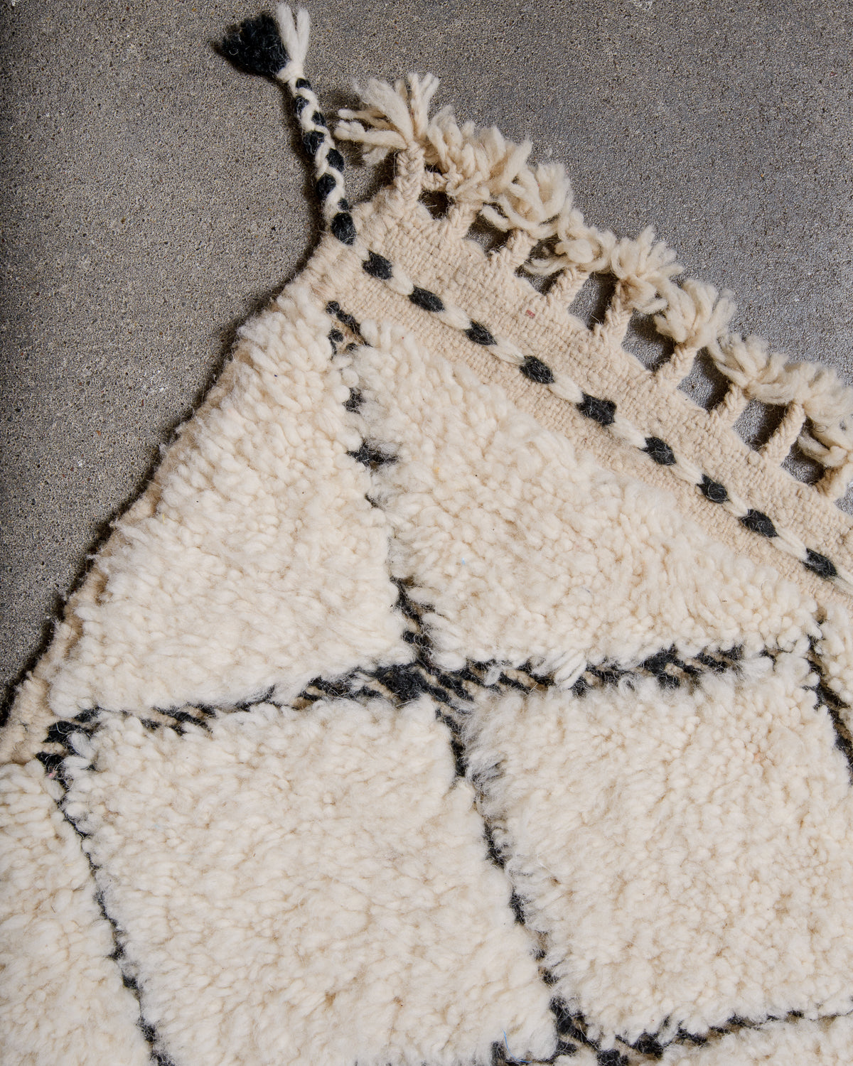 Modern, designer, handcrafted Berber rug from Morocco. Beniourain carpet with beautiful colours and patterns and fluffy wool texture.